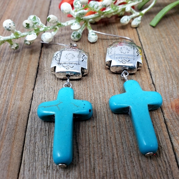 Western Style Cross Semi Stone Turquoise Dangle Earrings - Picture 6 of 6
